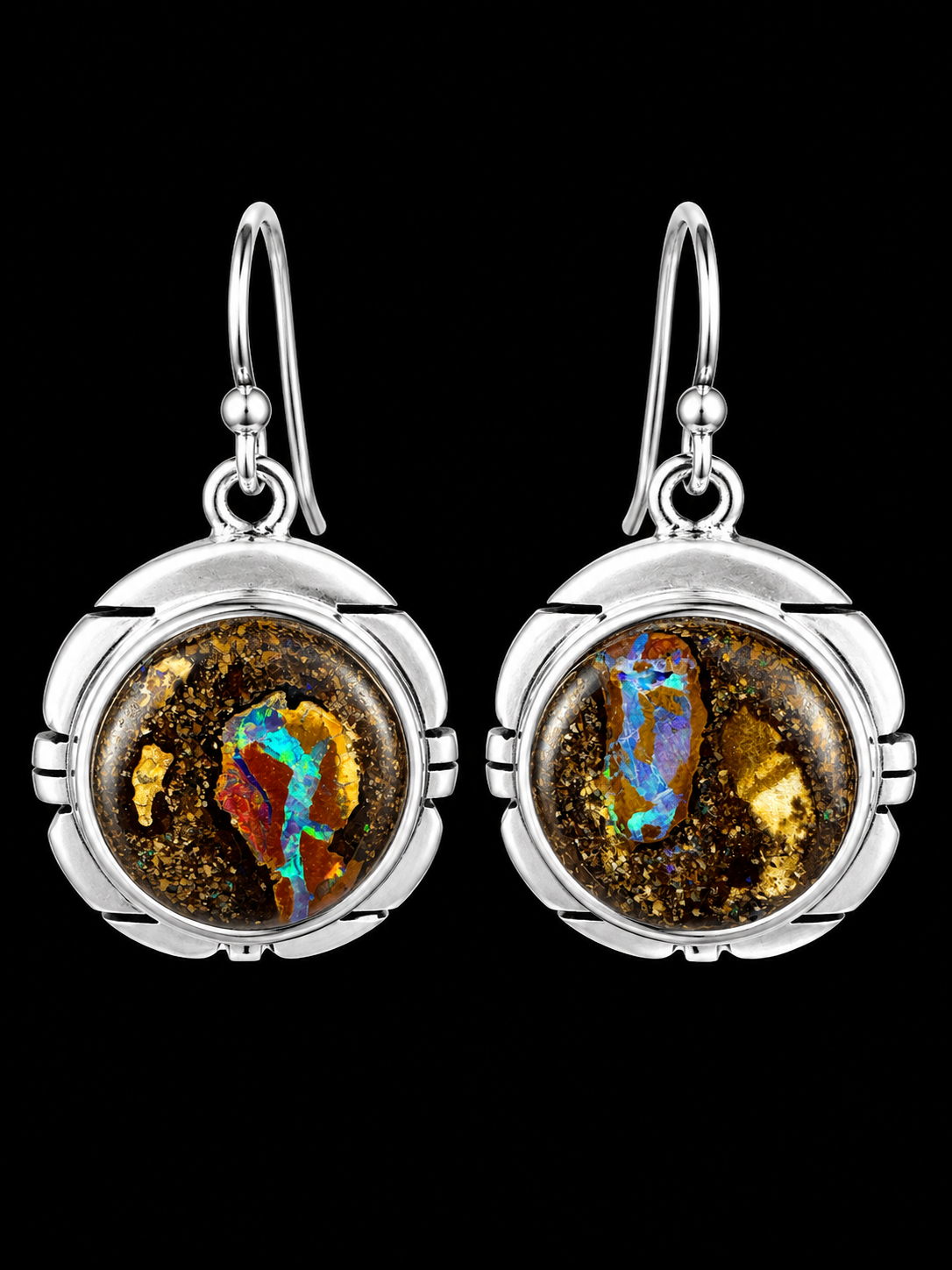 Round Boulder Opal Earrings in Silver
