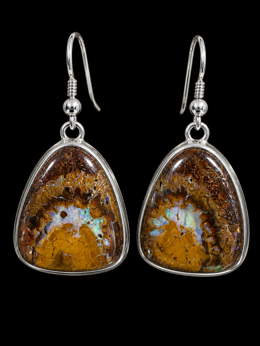 Triangle Boulder Opal Earrings in Silver