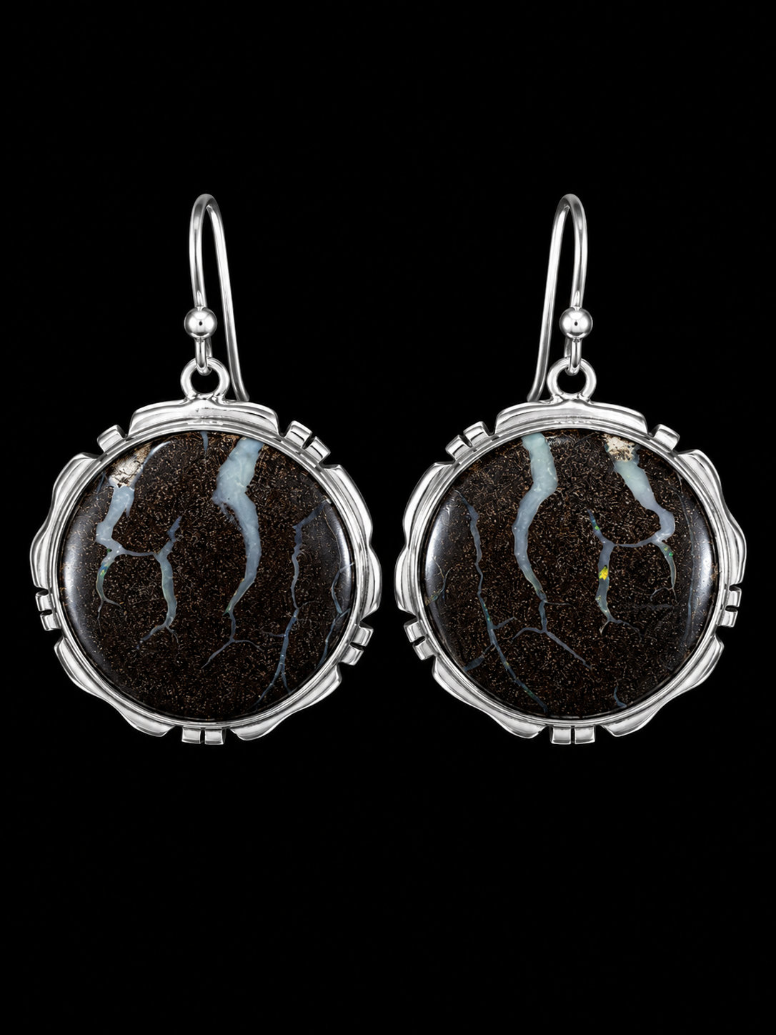 Round Boulder Opal Earrings in Silver