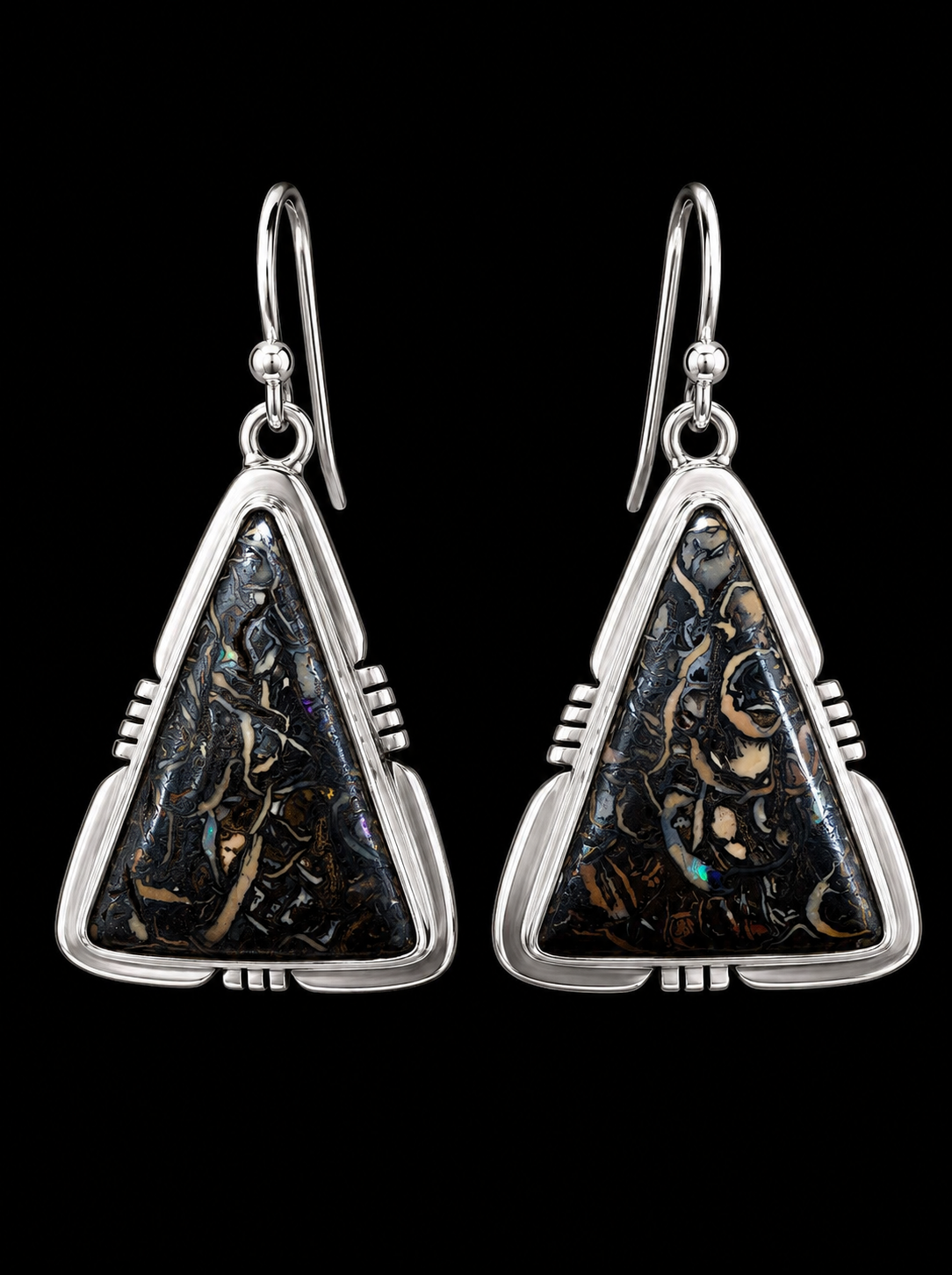 Triangle Boulder Opal Earrings in Silver