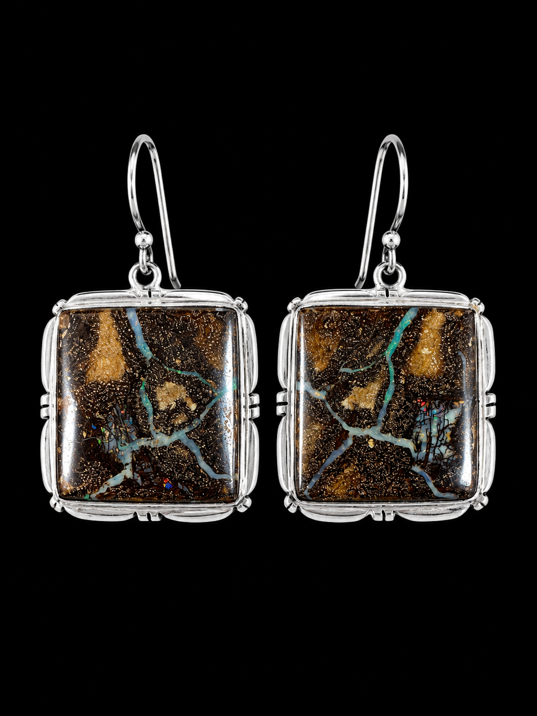 Square Boulder Opal Earrings in Silver